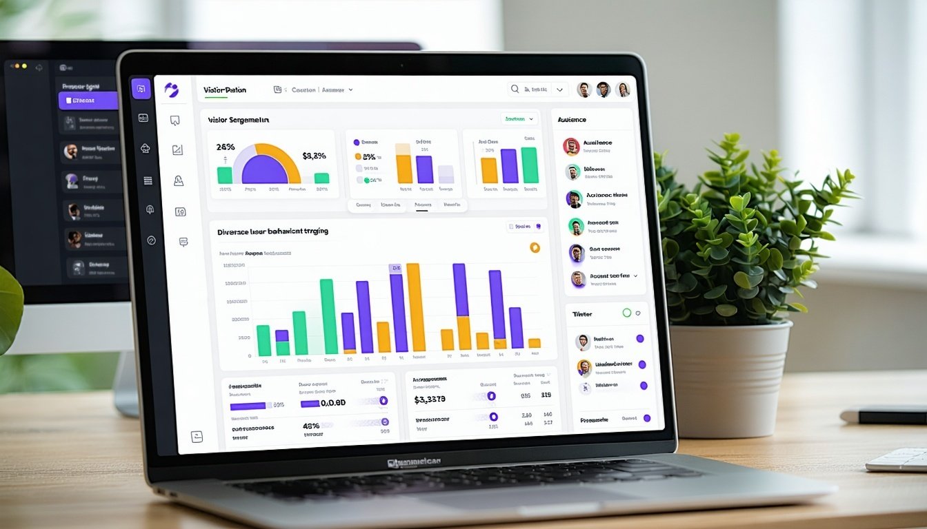 The image depicts a sleek modern user interface of the AIpowered personalization engine Paige displayed on a laptop screen The background is a minimalist office space with soft lighting and a potted plant adding a touch of greenery On the screen vibr-1